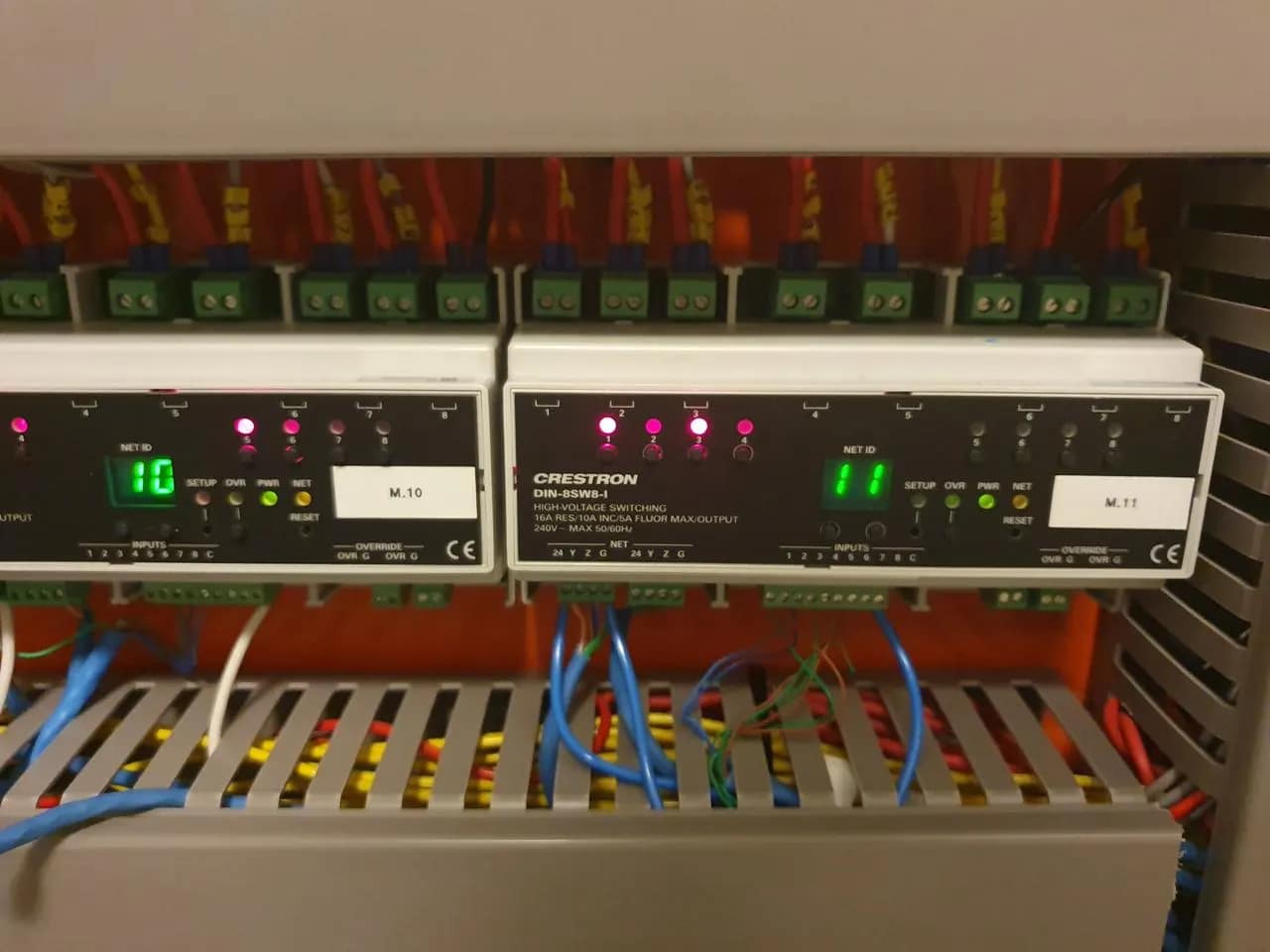Quadro de automação com módulos alinhados em trilho.