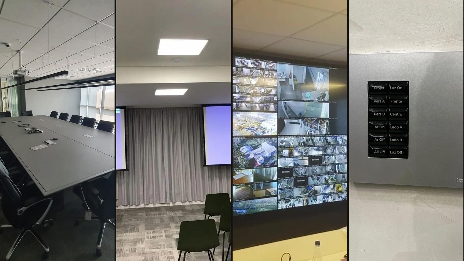Quatro ambientes entregues pela Cinemma: sala de reunião, auditório, sala de crise e sala de projeção
